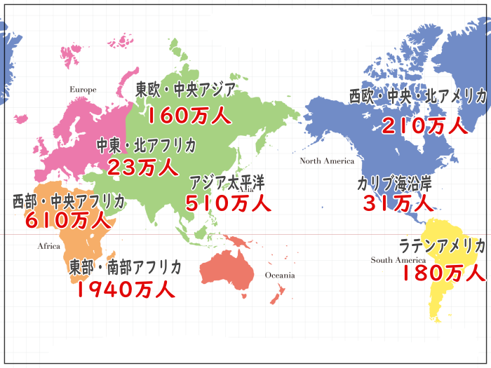 エイズ感染者の世界分布図